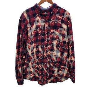 Izod Mens XL Red Plaid Flannel Button Up Long Sleeve Shirt Upcycled Bleached Gru